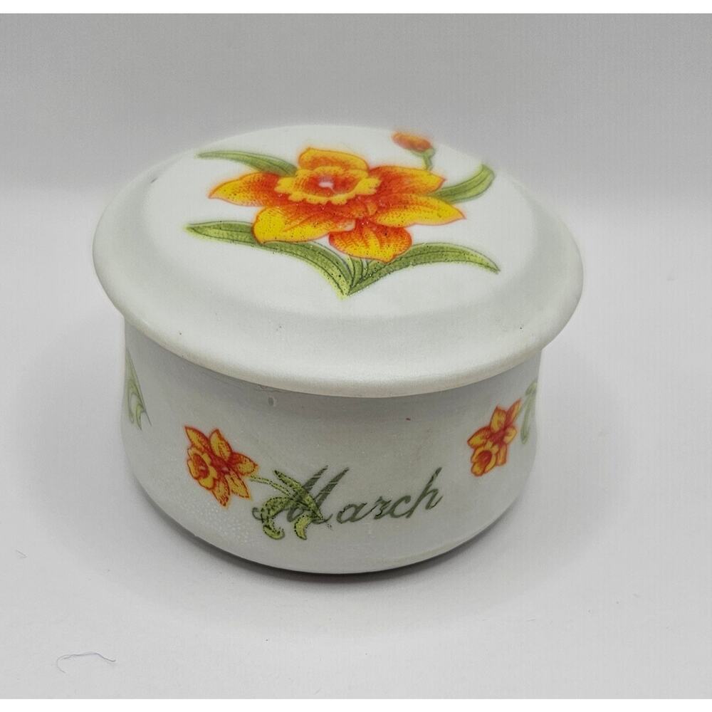 Vintage Lefton “Month of March” Ceramic Trinket Box – Daffodil Design